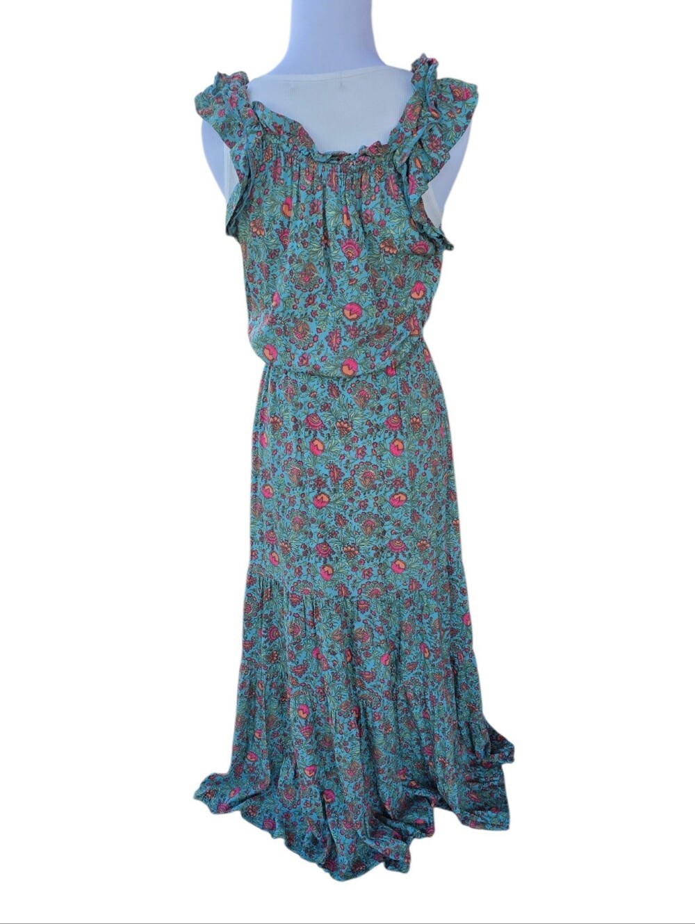 Natural Life Ruffled And Tassle Maxi Dress Teal Pink Orange Green Size XS - Picture 4 of 6